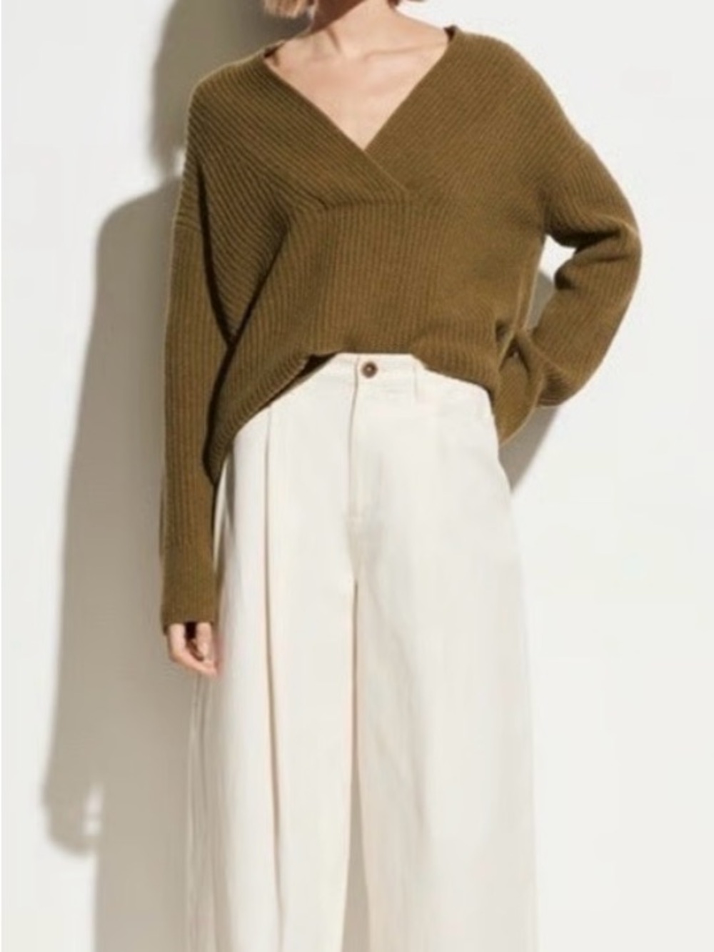 Vince Olive Ribbed V-Neck Sweater